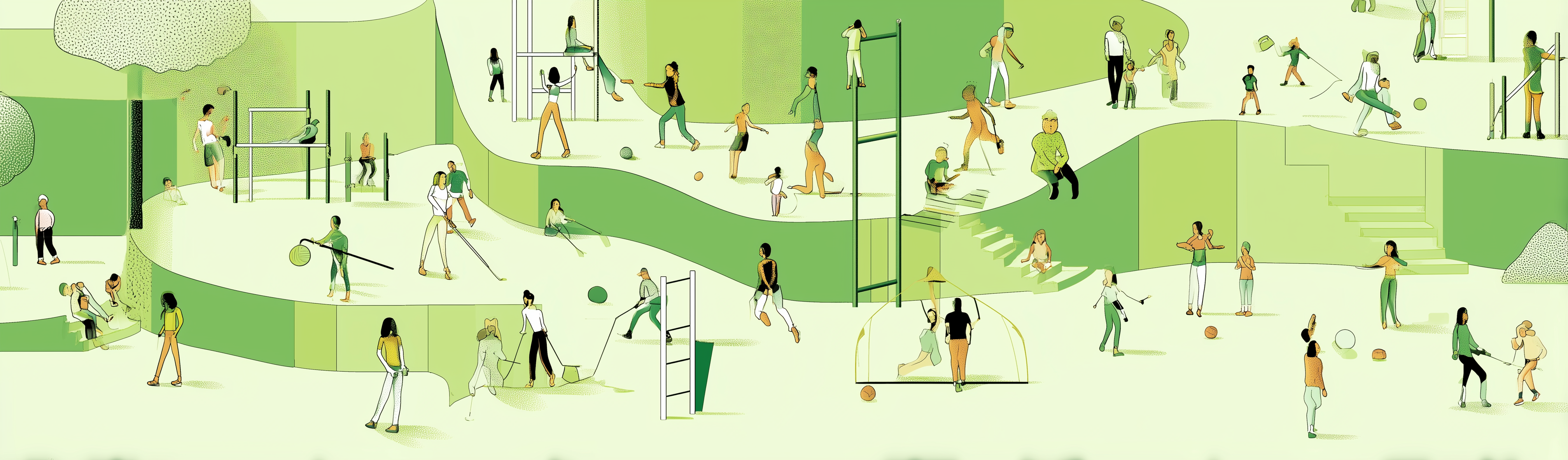 Active Design - Illustration of people engaged in various physical activities in a green landscape
