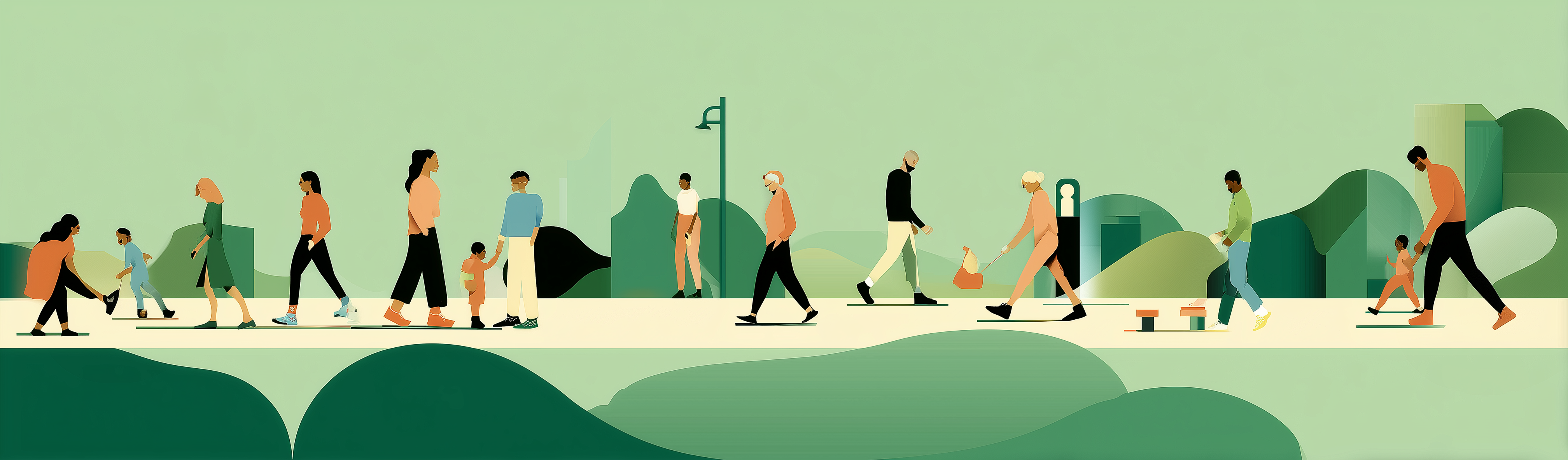 Walkable Communities - Illustration of diverse people walking in a green urban environment